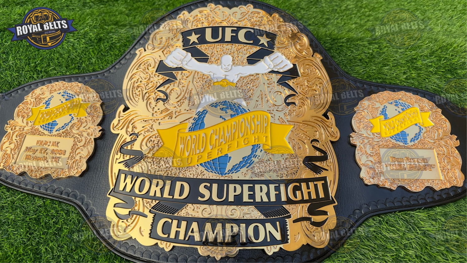 UFC World Super fight belt CNC HD with gold plated center plate, deep engraving, premium black leather strap Crafted by Royal Belts