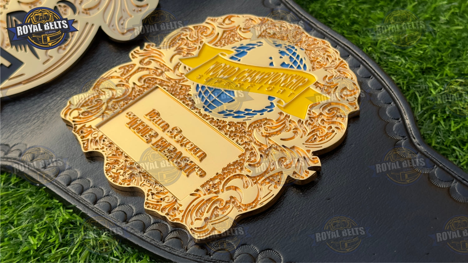 UFC World Super fight belt CNC HD with raised center emblem, polished gold plates, thick leather strap