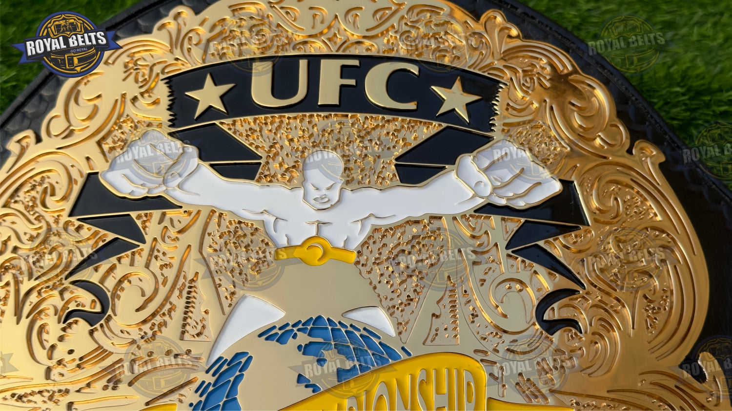 Super fight championship belt CNC HD showcasing deep engraving, layered gold plates, stitched leather