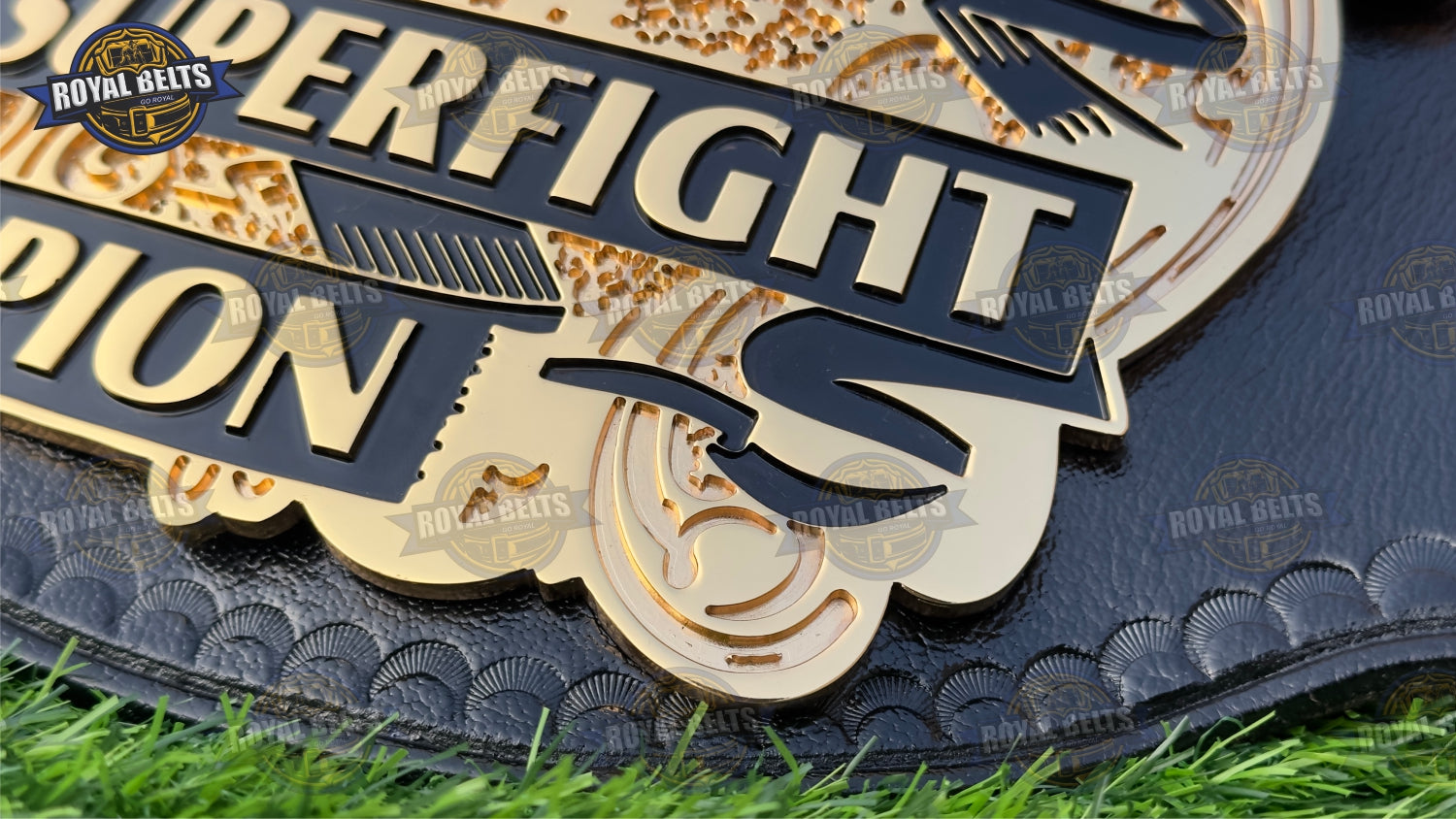 UFC title belt CNC HD with bold embossed center plate, high gloss gold finish, premium leather backing