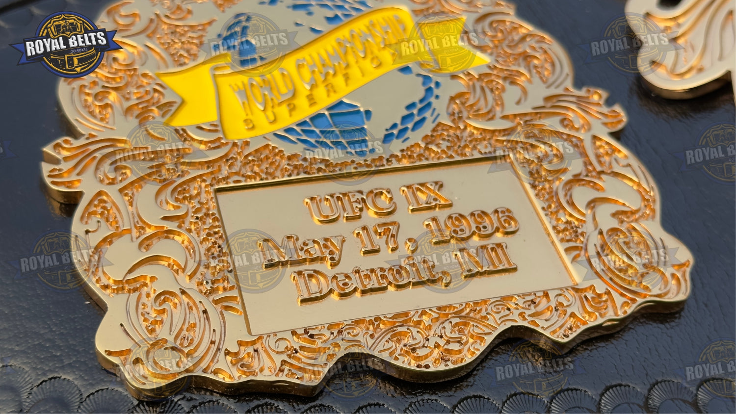 World Super fight belt CNC HD with beveled center plate, mirror finish gold, reinforced stitched leather