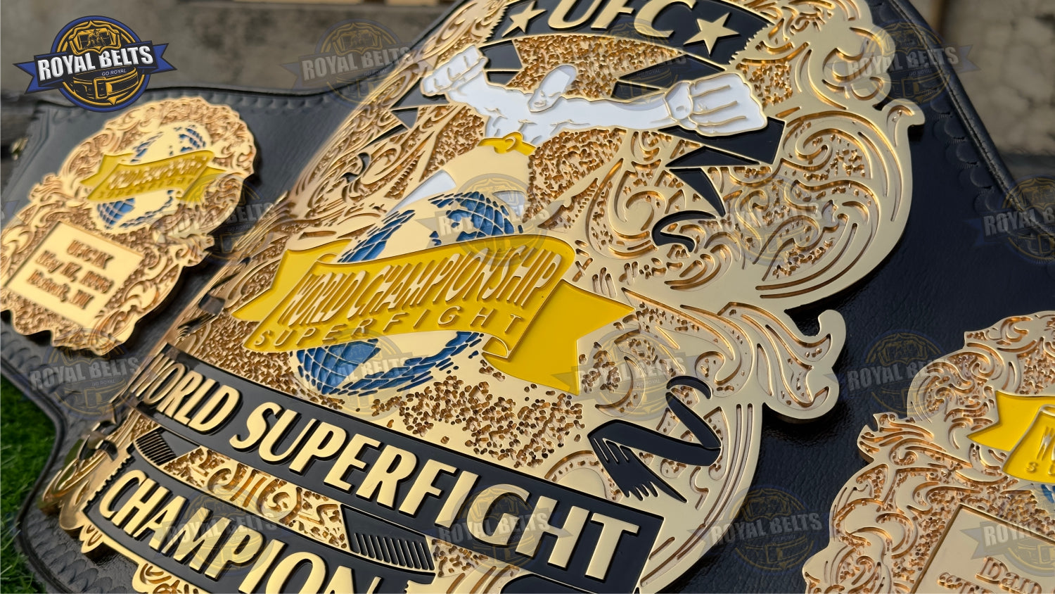 UFC Super fight championship belt CNC HD with multi layer gold plates, engraved UFC logos, black leather