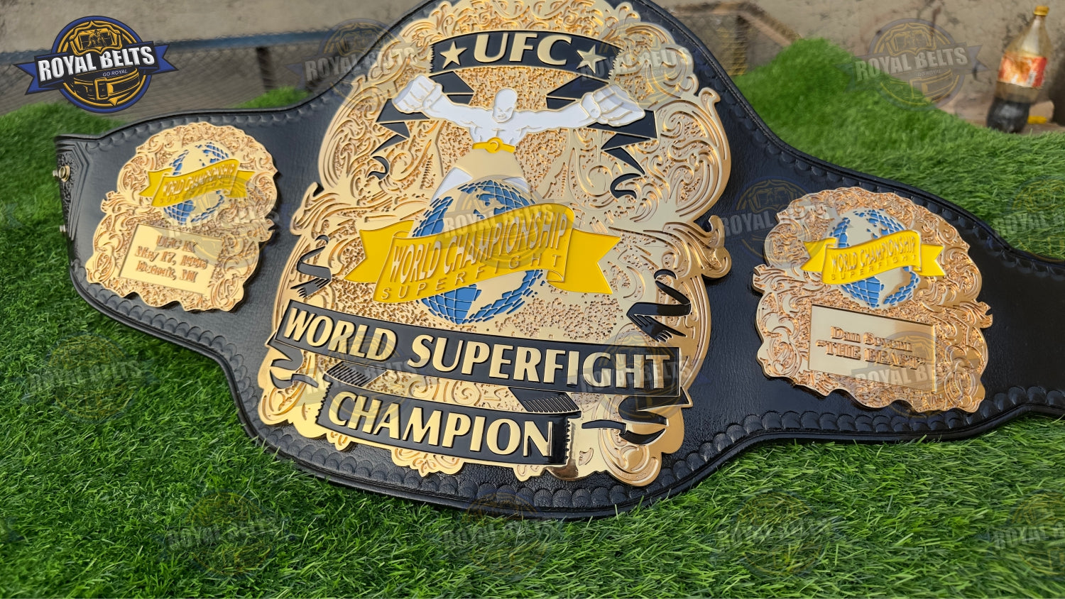 CNC HD UFC Super fight championship belt featuring raised center plate, mirror polished gold, stitched leather Crafted by Royal Belts