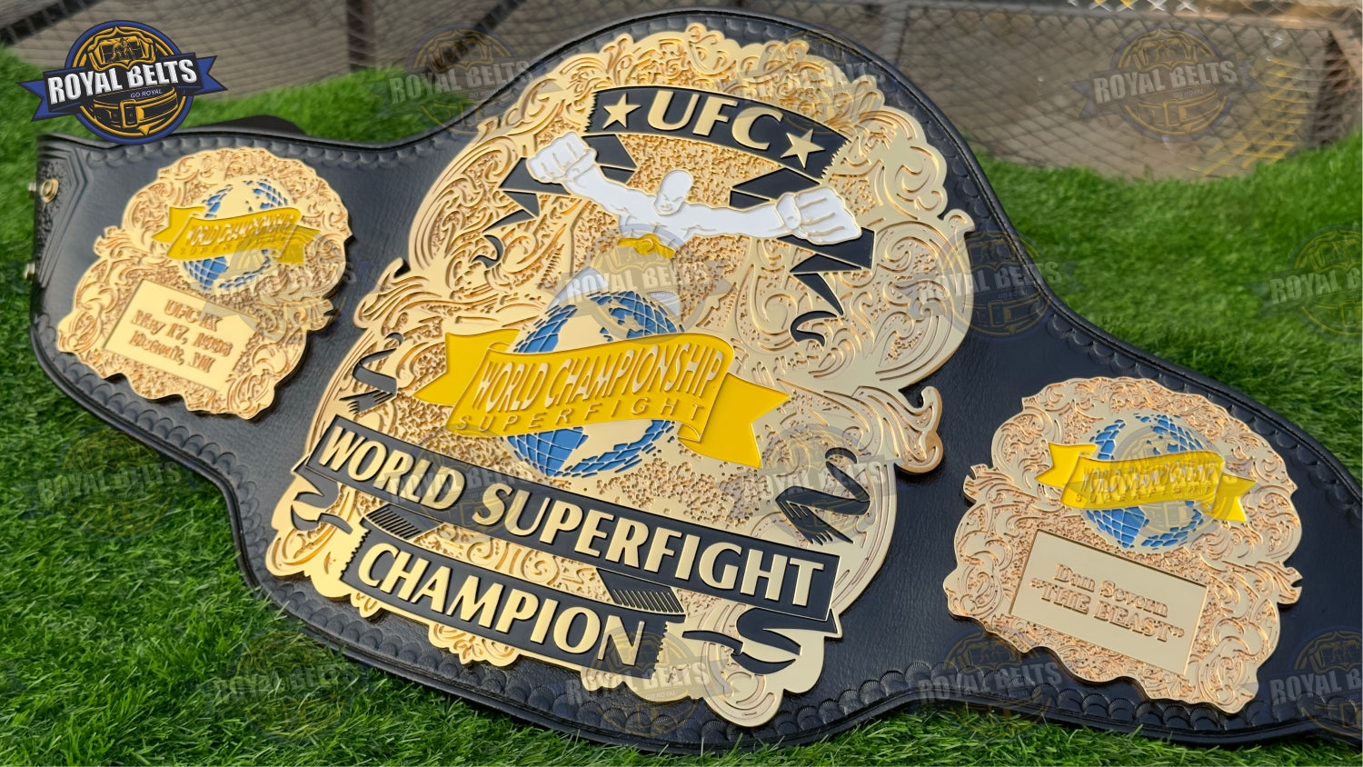 World Super fight belt CNC HD with oversized center plate, high gloss gold finish, stitched leather strap Crafted by Royal Belts 