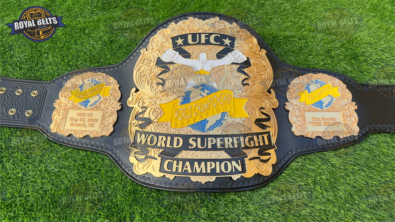 UFC championship belt CNC HD with ornate side plates, precision engraving, premium black leather strap 