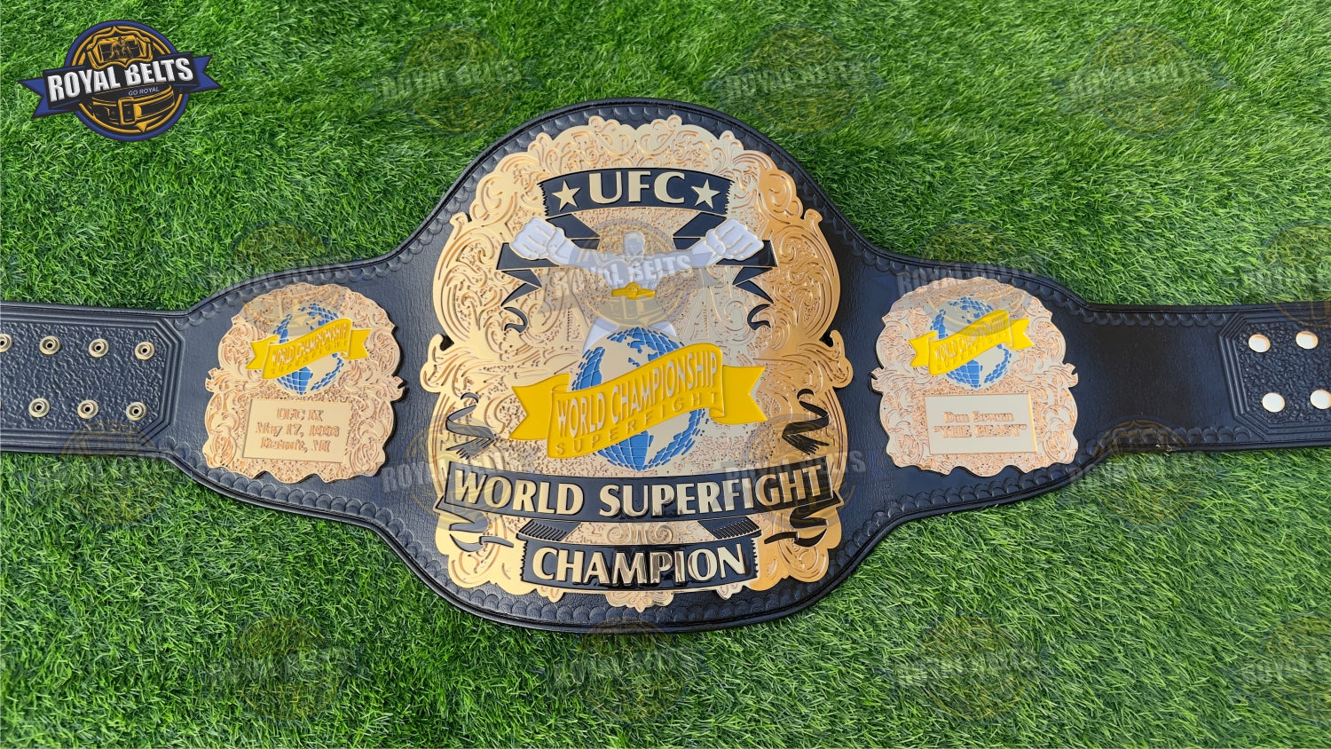 Super fight championship belt CNC HD with beveled gold plates, engraved details, adjustable leather strap
