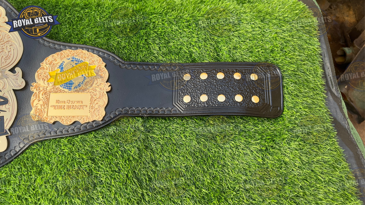 CNC HD Super fight title belt with engraved side plates, mirror polished gold, stitched black leather