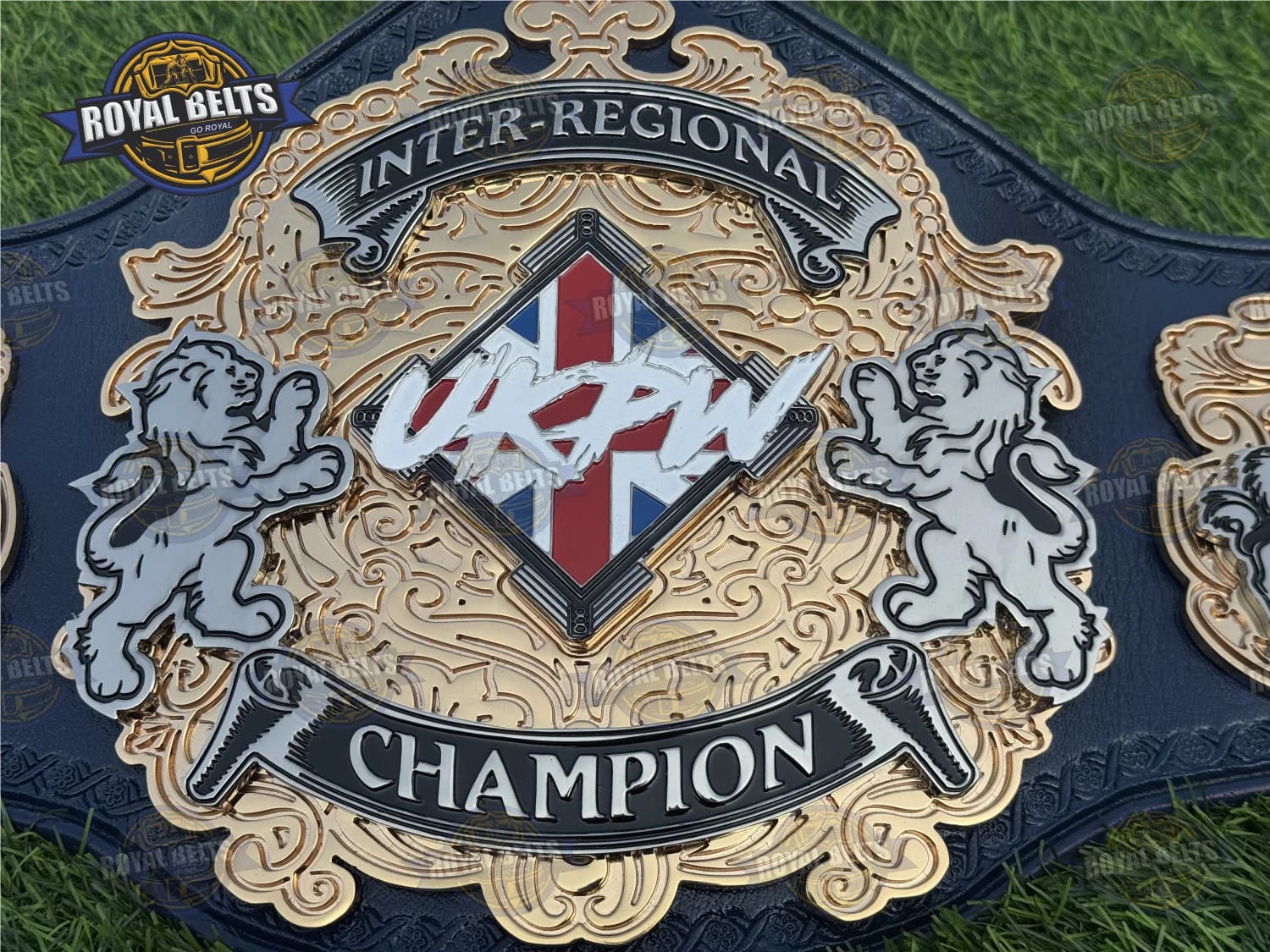 UKPW Custom Championship Title Belt HD CNC featuring deep etched UKPW center plate and premium leather Crafted by Royal Belts