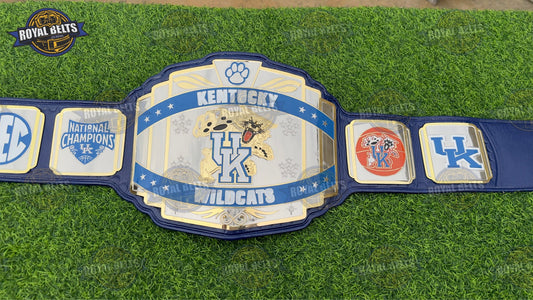 UK Kentucky Wildcats National Championship Title Belt with gold center plate and blue leather strap Made by Royal Belts