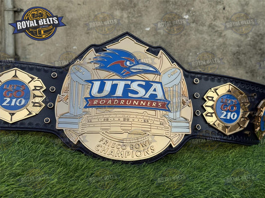 UTSA Roadrunners Football Championship HD CNC belt with gold plates, black leather strap, snap closure Made by Royal Belts