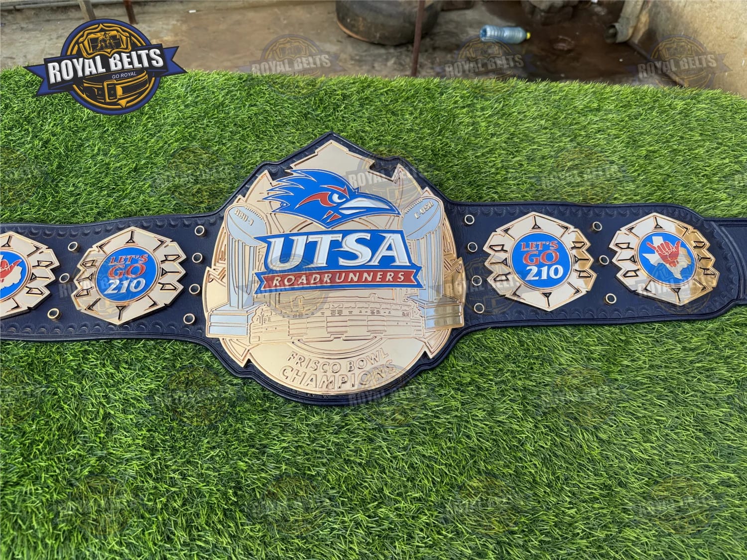UTSA Roadrunners Football Championship HD CNC belt with mirror polished gold plates and stitching Made by Royal Belts
