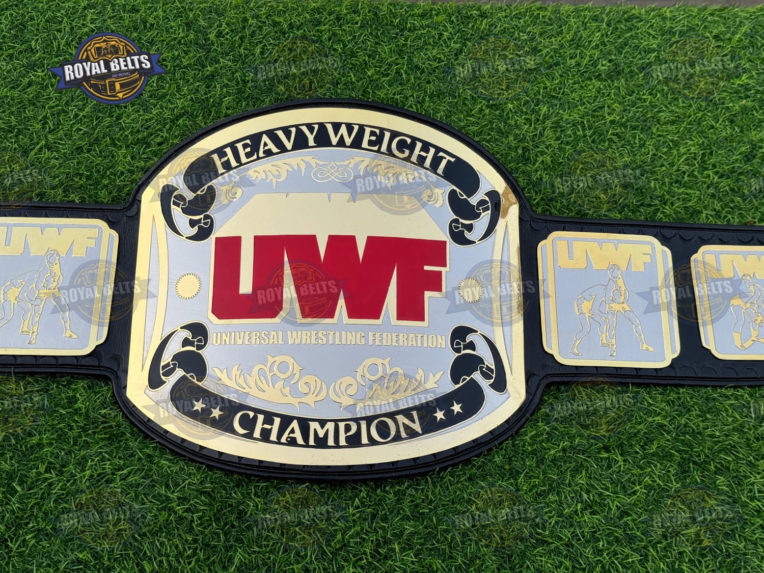 UWF Heavyweight Wrestling Championship Title Belt dual center plate with black stitched leather strap Designed by Royal Belts