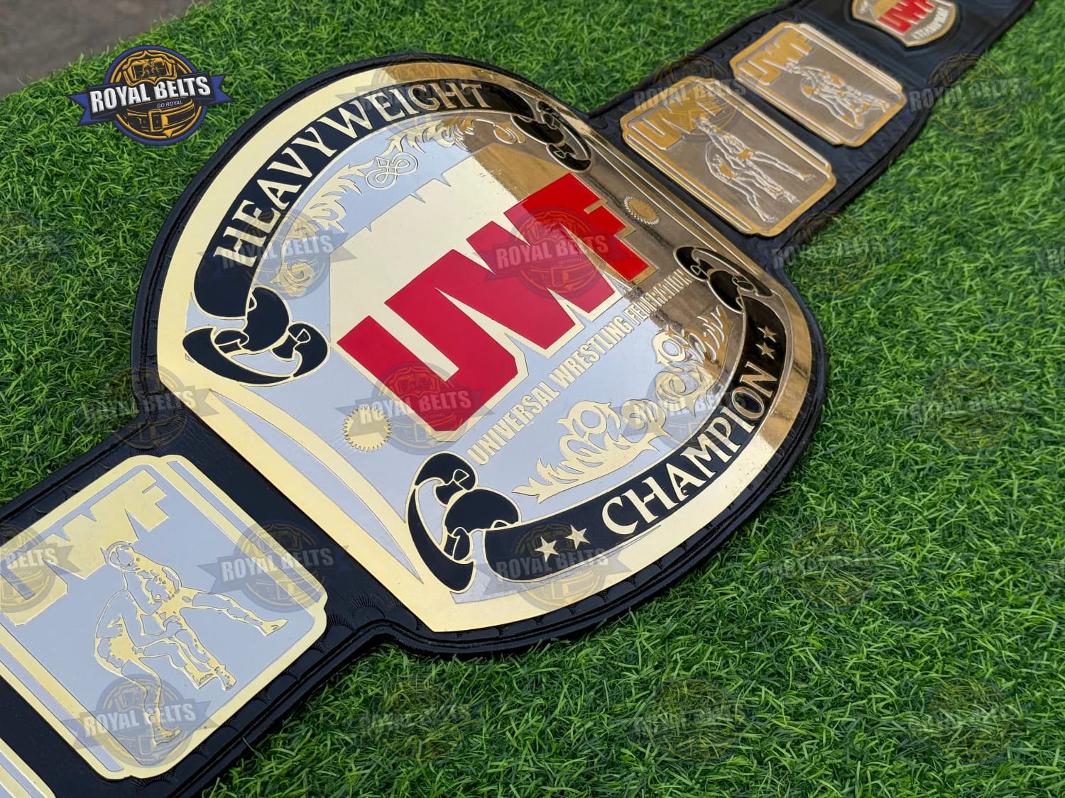 UWF Heavyweight Wrestling Title Belt premium stitched leather strap with mirror polished dual plates