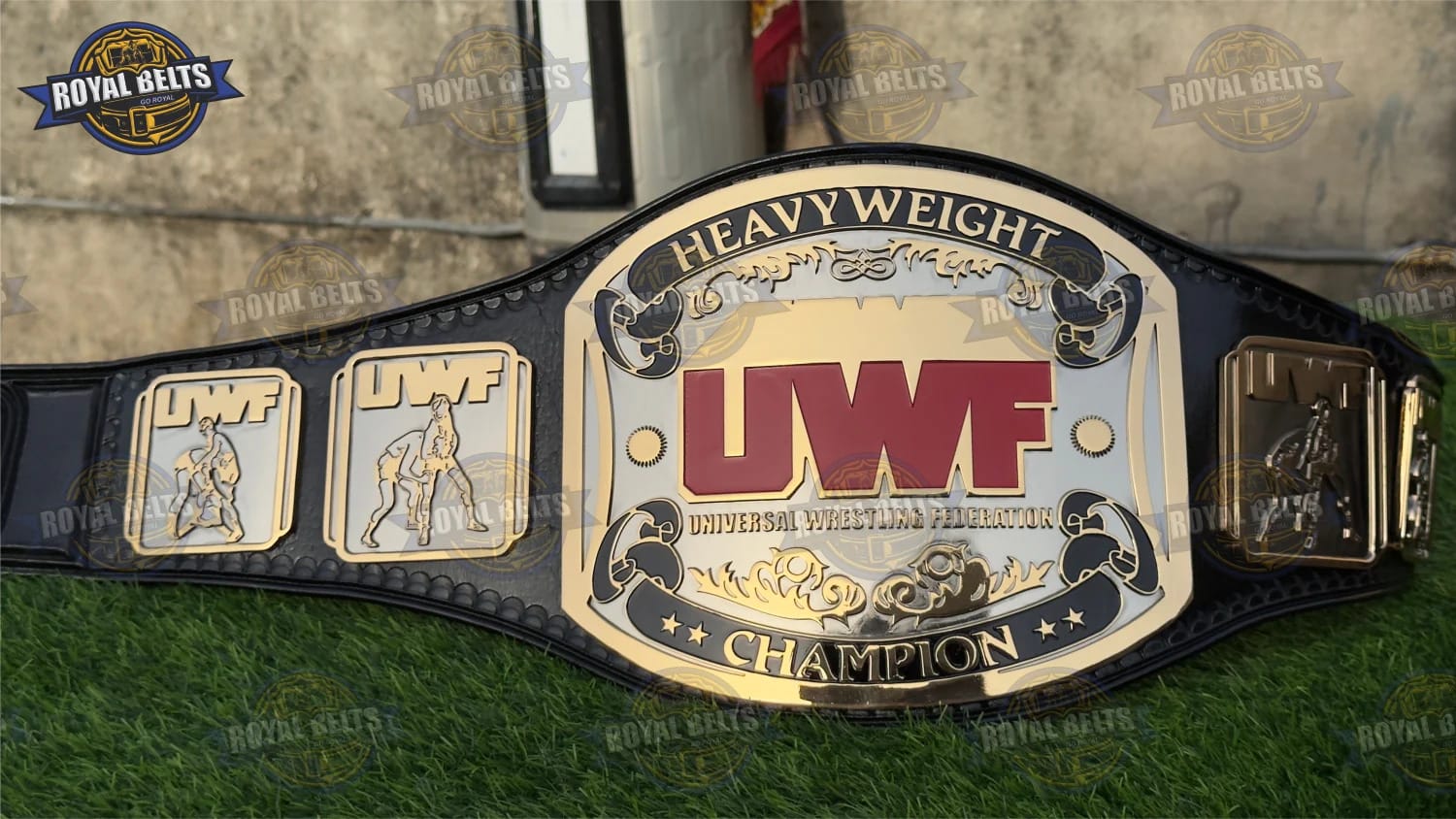 UWF Heavyweight Wrestling Championship Title Belt HD CNC dual center plate with black leather strap Designed by Royal Belts
