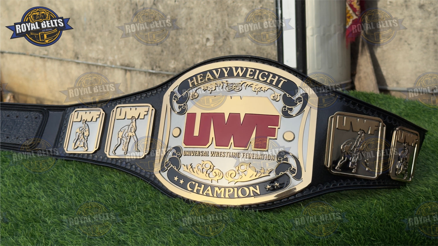 UWF Heavyweight Wrestling Title Belt HD CNC high relief engraved logo with polished gold plates Crafted by Royal Belts