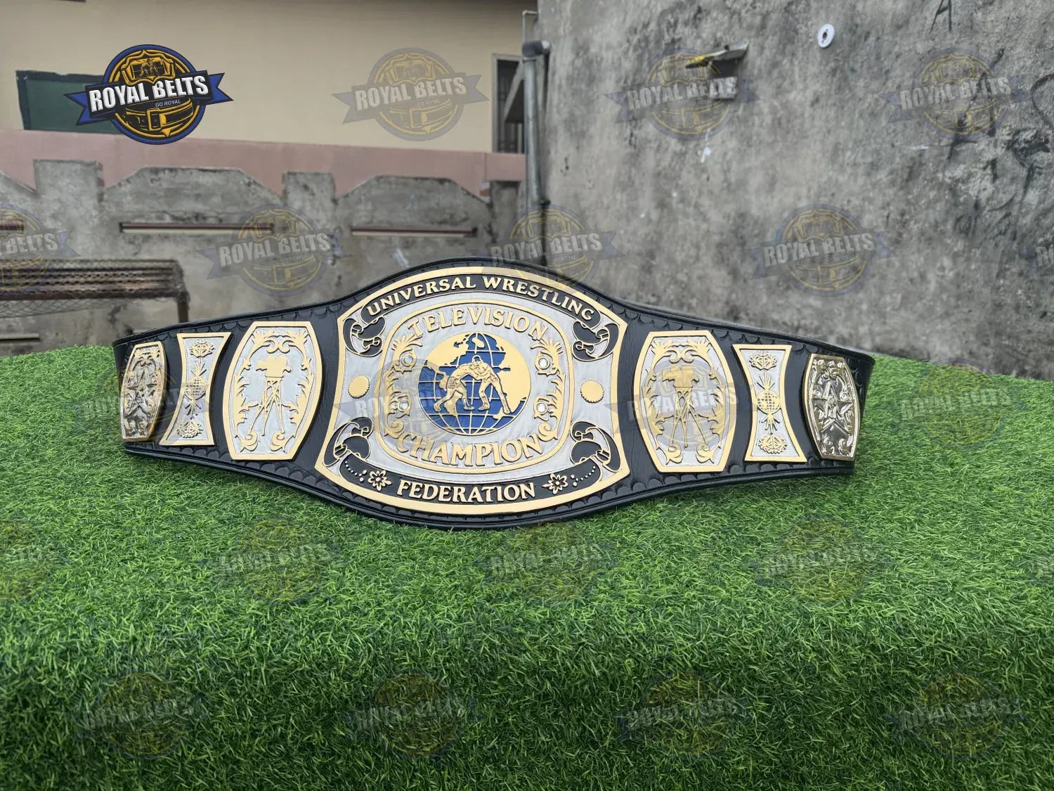 NWA UWF Television Championship Title Belt HD CNC dual center plate with black stitched leather strap and snap closure Manufacture by Royal Belts