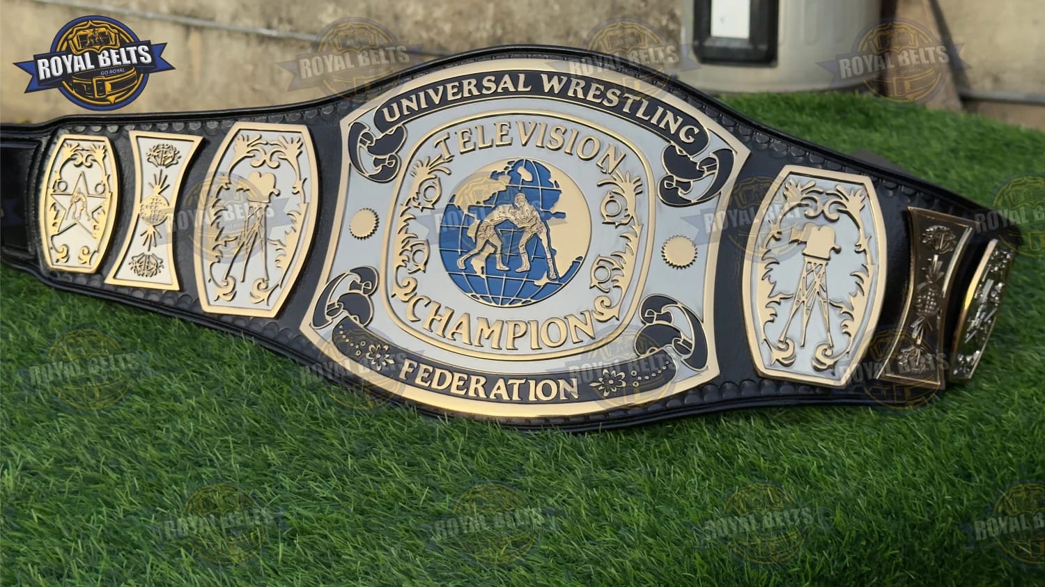 UWF Universal TV wrestling belt HD CNC with dual plated center plate, black leather strap, snap closure Made by Royal Belts