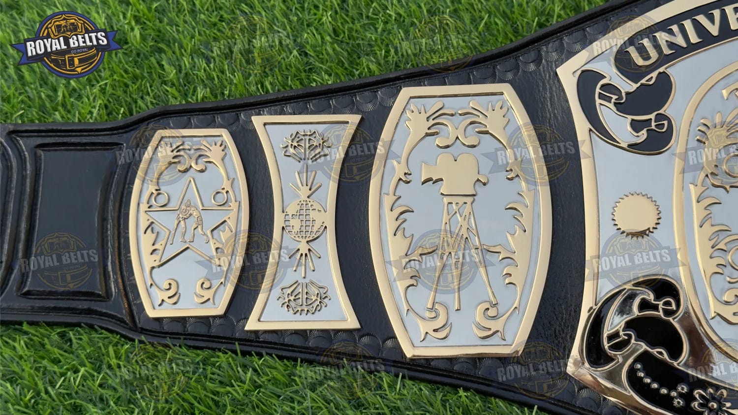 UWF Universal TV championship belt with beveled dual plated, polished finish, reinforced leather strap