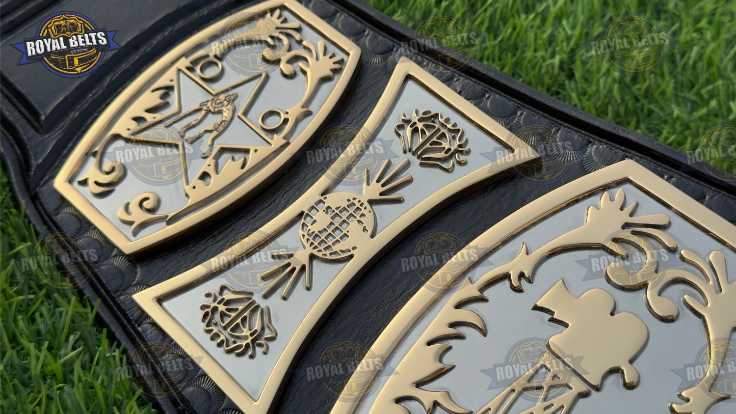 UWF TV wrestling belt with ornate CNC cut center plate, high gloss gold finish, durable leather strap