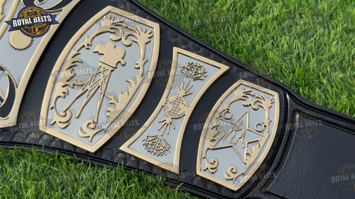 UWF Universal TV championship belt displaying engraved side plates, mirror polished metal, reinforced leather