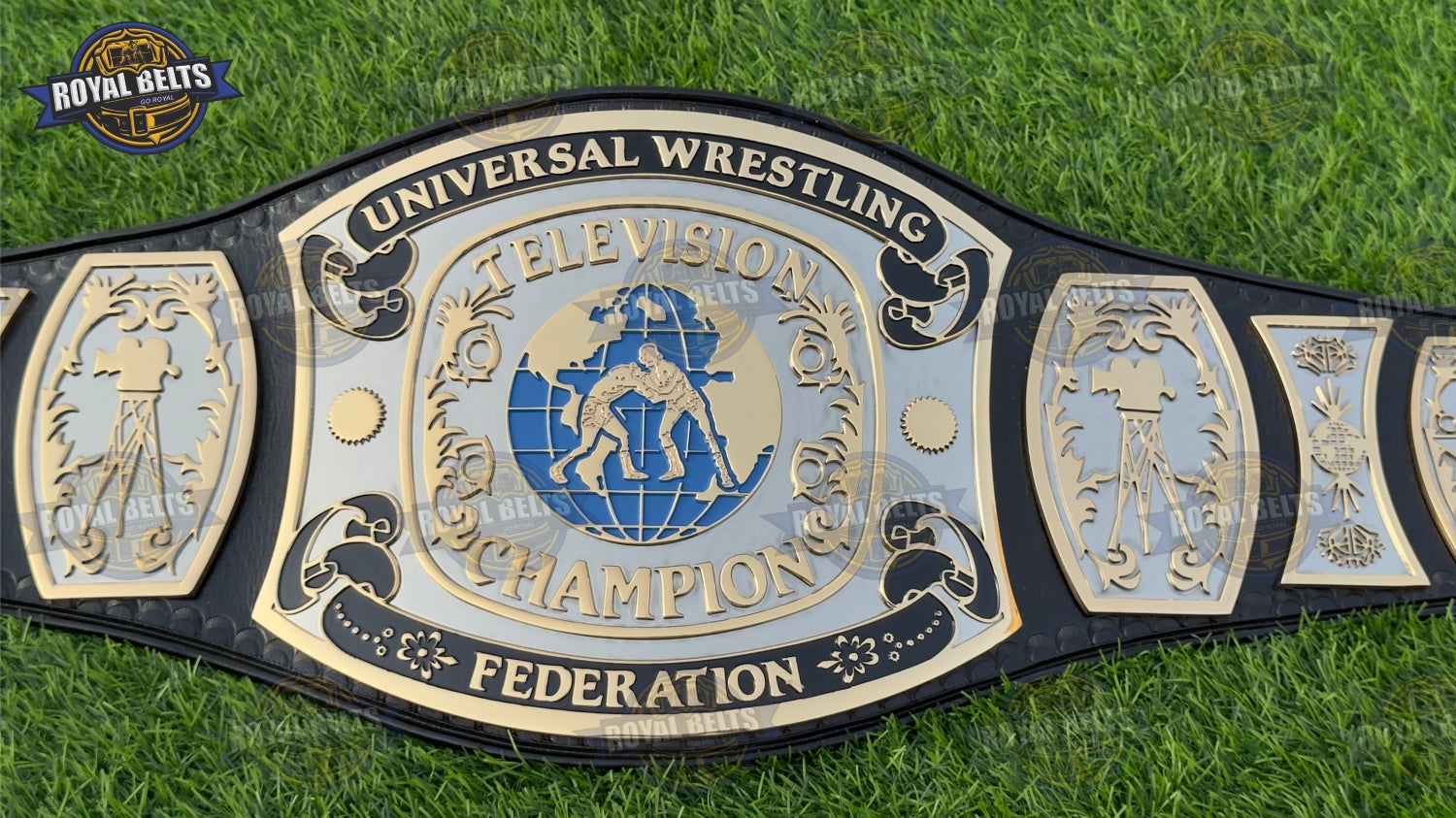 UWF TV Championship belt featuring precision CNC etched side plates, polished zinc finish, stitched leather, Made by Royal Belts