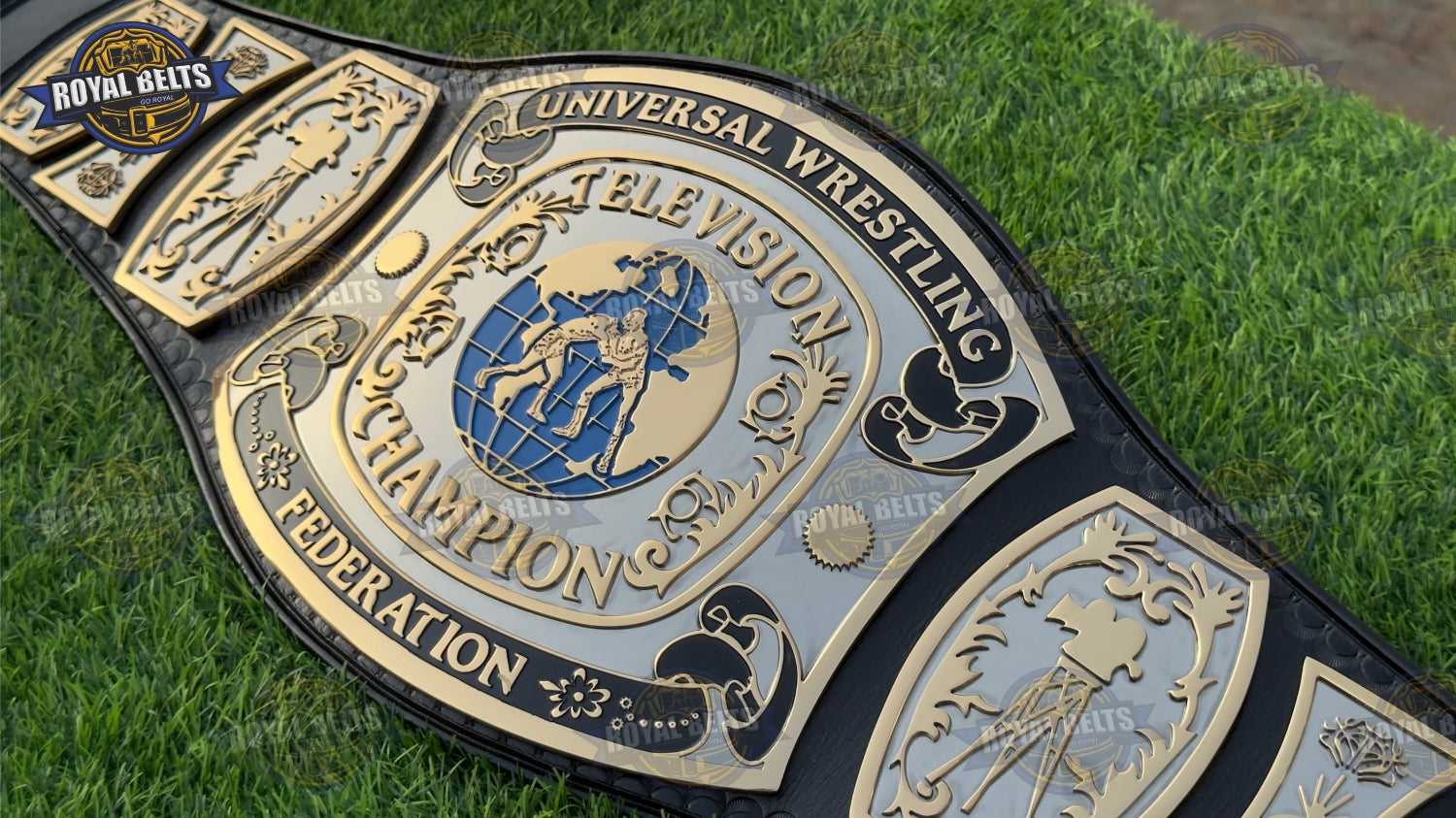 Custom UWF Universal TV belt with raised center emblem, mirror polished dual, adjustable black cowhide leather Made by Royal Belts