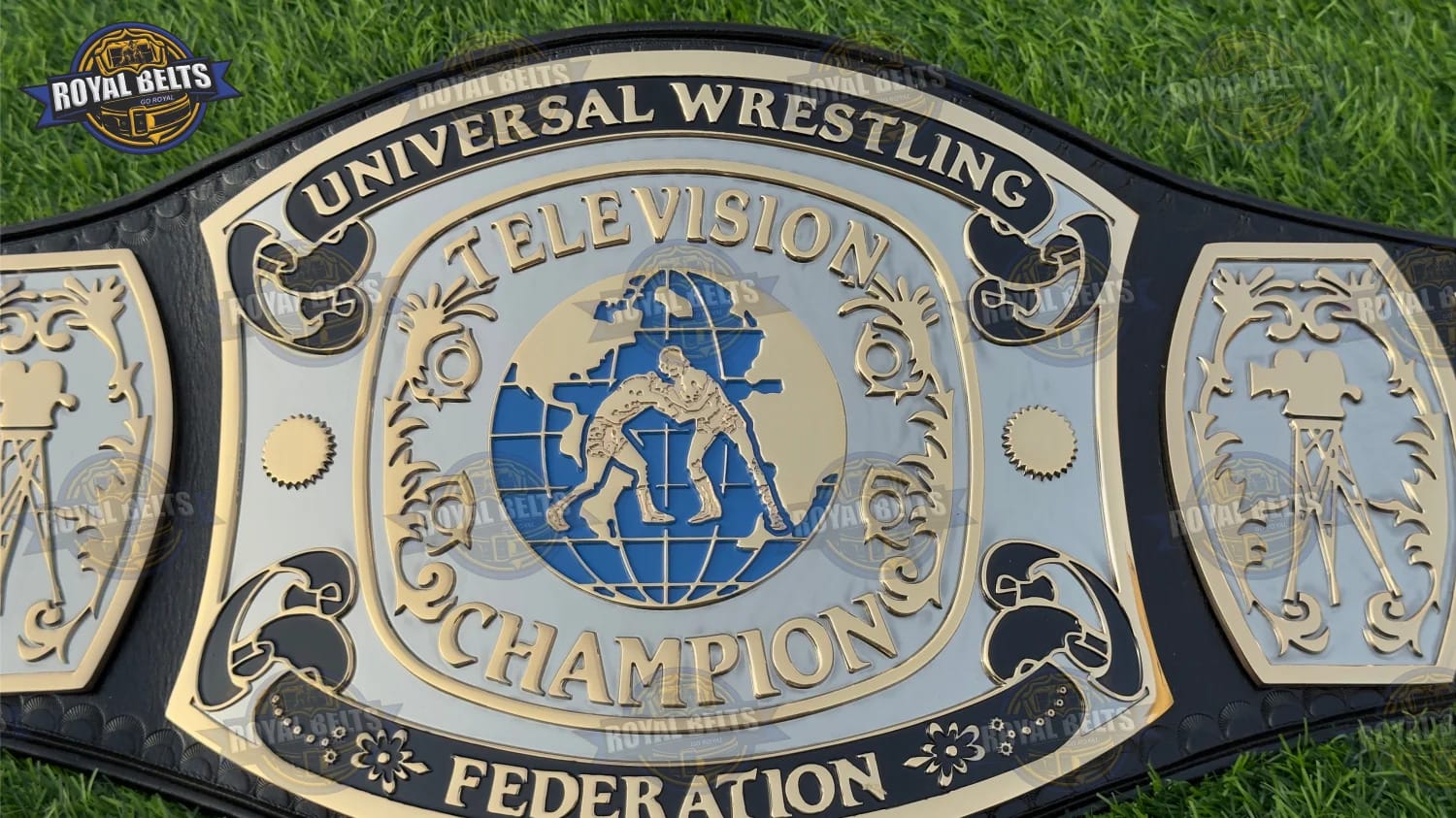 UWF HD CNC title belt with oversized center plate, detailed CNC engraving, durable black leather strap
