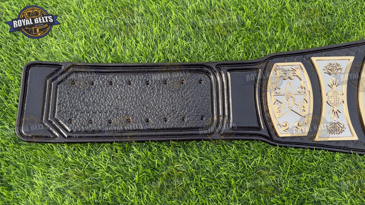 UWF HD CNC championship belt with mirror finish gold plates, snap fit black leather strap, raised logo