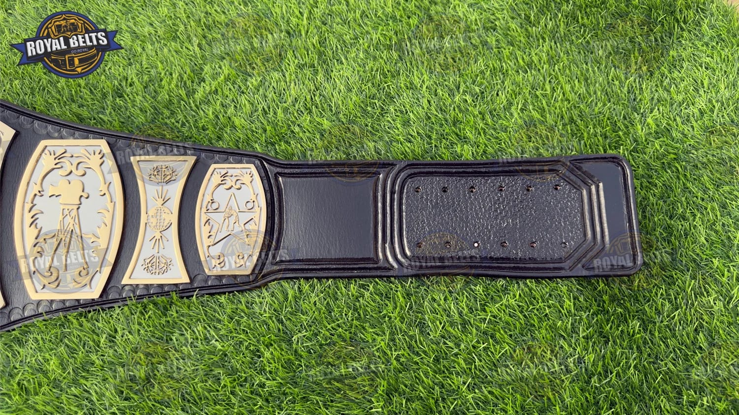 Custom UWF TV belt with deep-etched CNC center plate, black cowhide adjustable leather backing