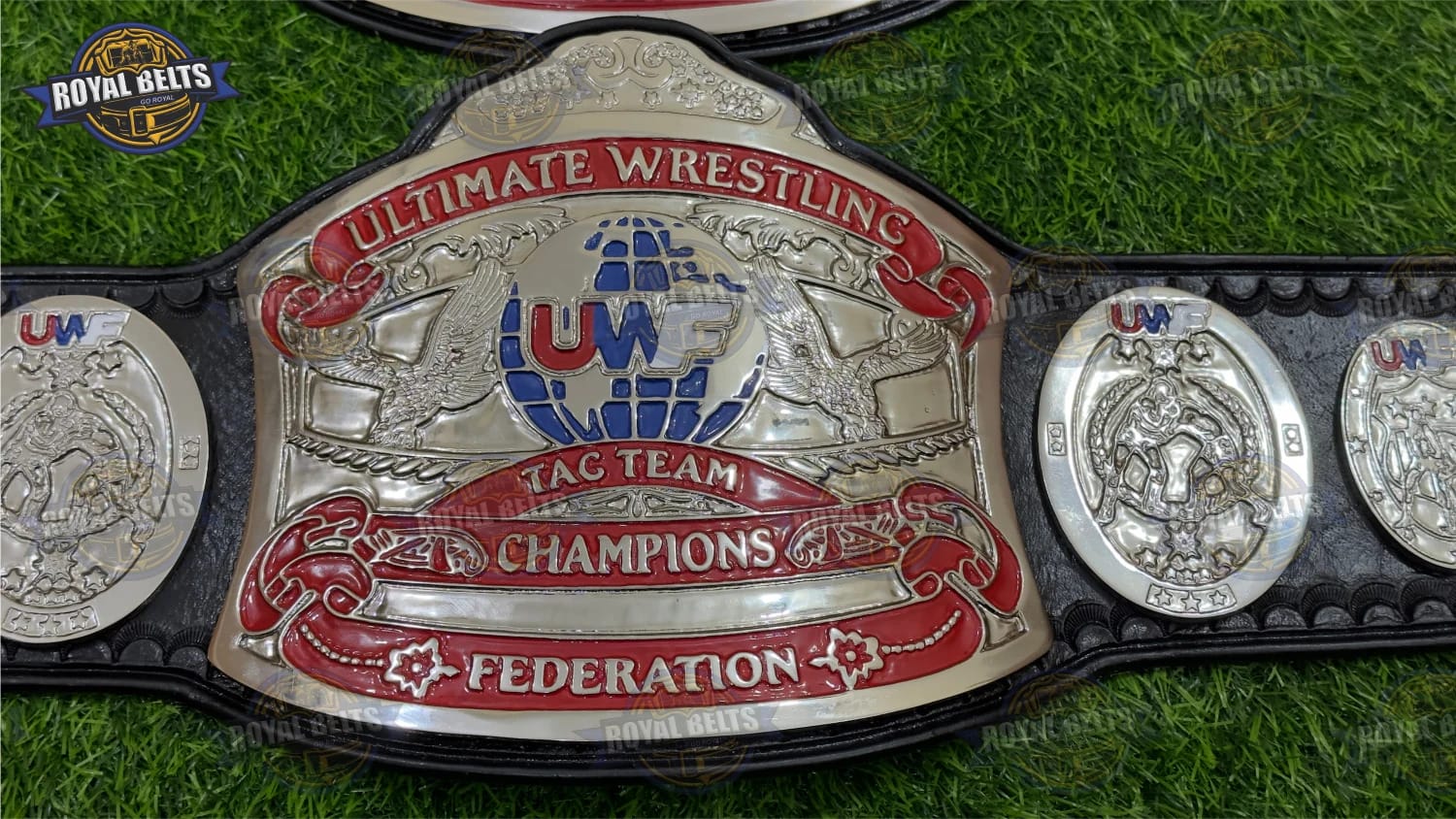 Ultimate Wrestling Federation Tag Team Championship Title Belt nickel center plates with black stitched leather strap Crafted by Royal Belts