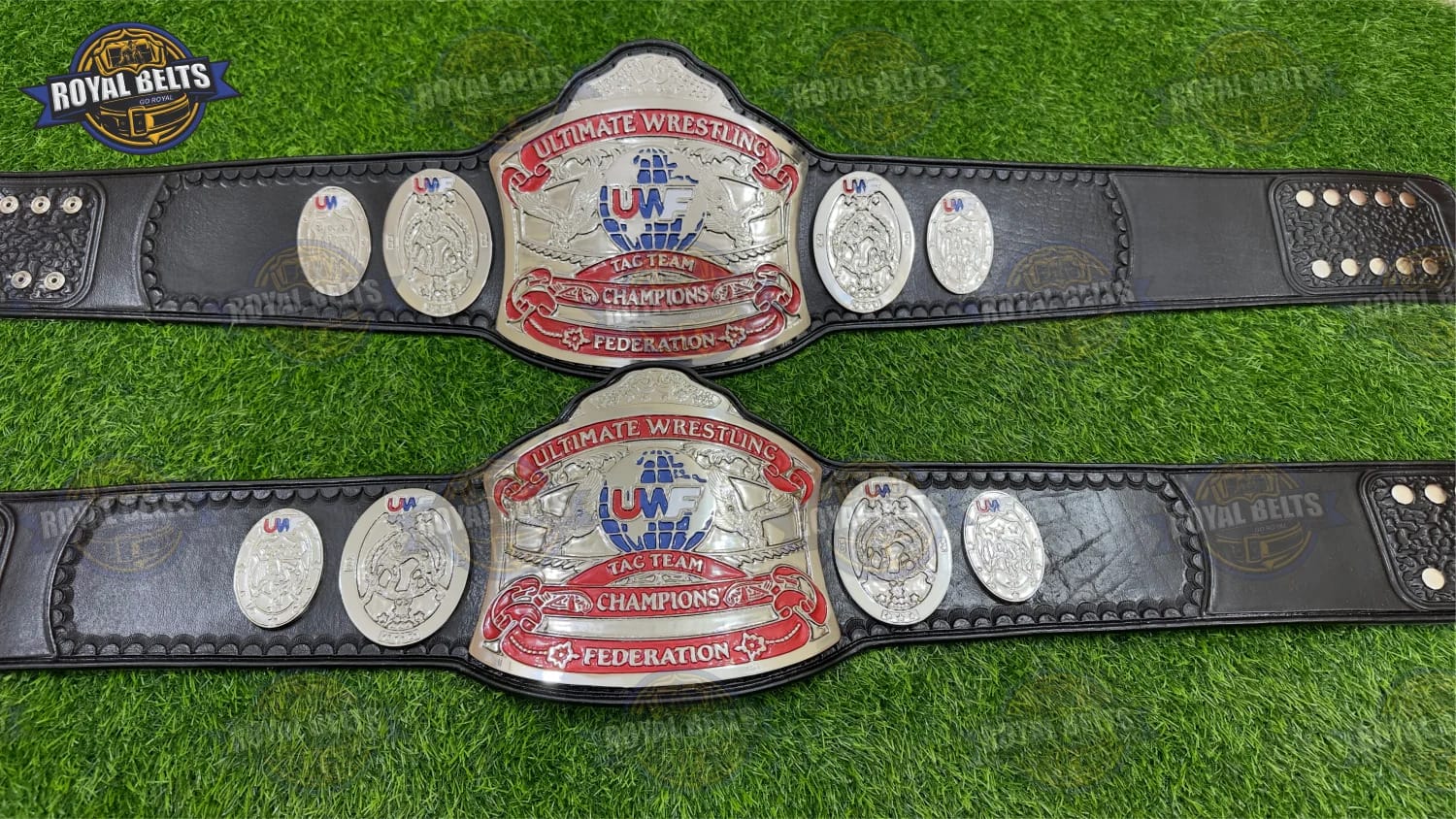 Tag Team Championship Title Belt raised logo centerpiece with stitched black leather Manufacture by Royal Belts