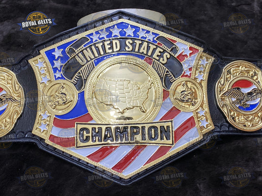 United States Custom Championship Title Belt gold center plate with black stitched leather strap Designed by Royal Belts