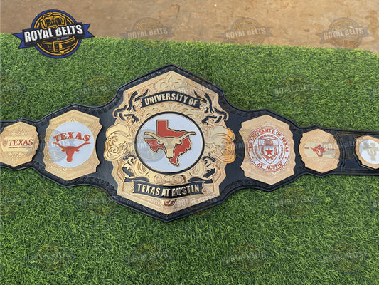 University of Texas Longhorns WWE Legacy Championship HD CNC belt with gold plates, black leather Designed by Royal Belts