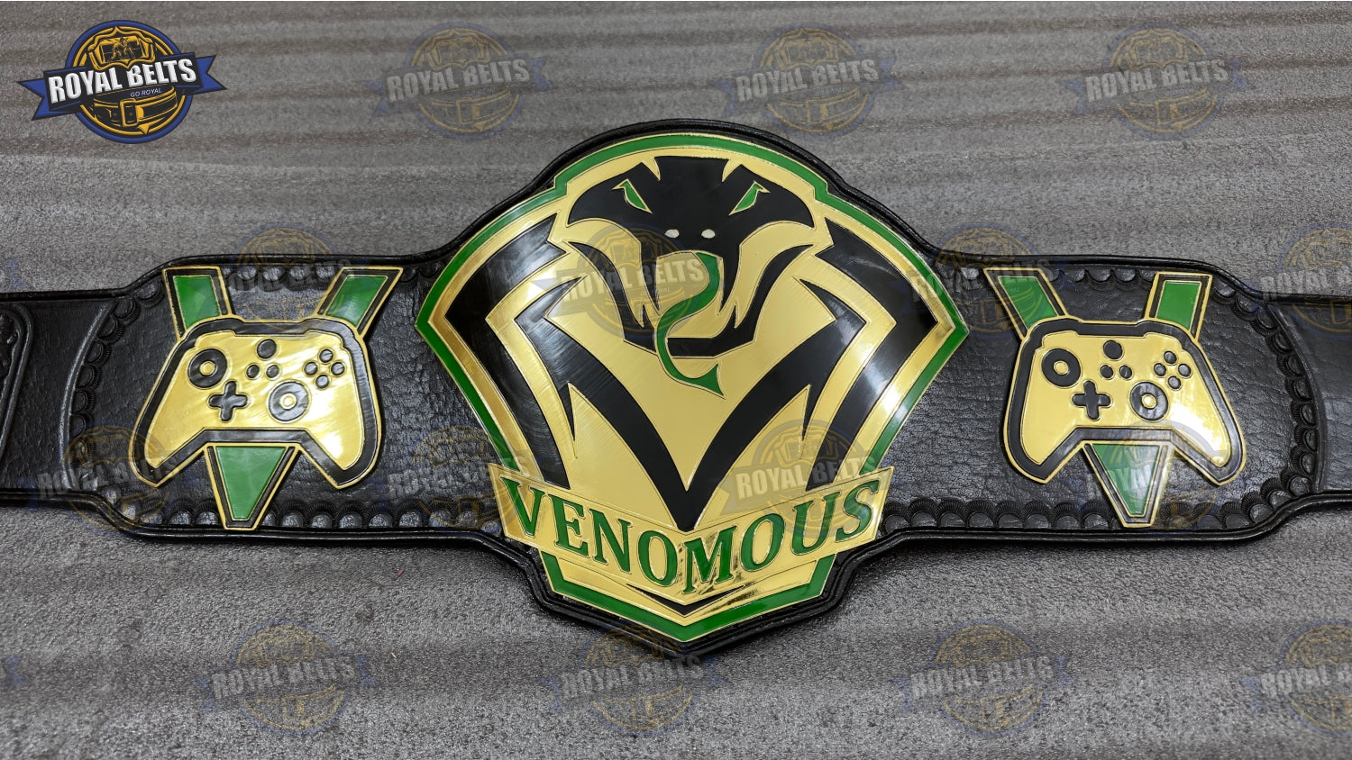 VENOMOUS Gaming Championship Title Belt gold center plate with black leather strap and HD CNC detailing Crafted by Royal Belts