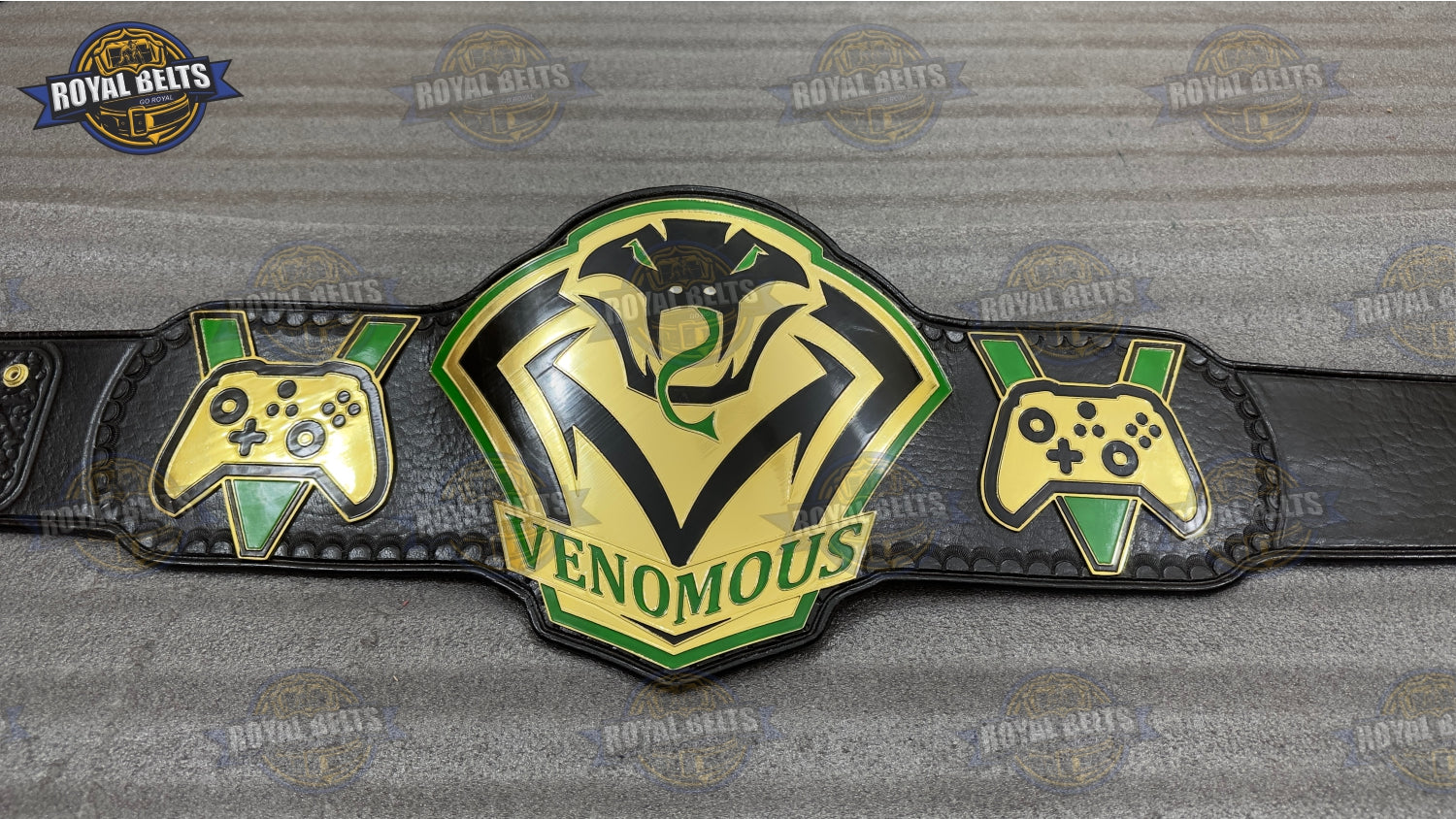 VENOMOUS Gaming Championship Title Belt engraved venom snake emblem with stitched black leather strap Made by Royal Belts