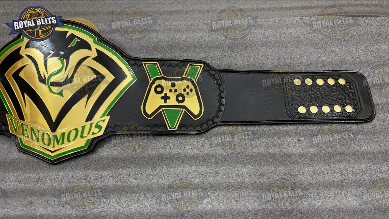 Gaming Title Belt raised serpent design with polished gold plates and stitched strap Designed by Royal Belts