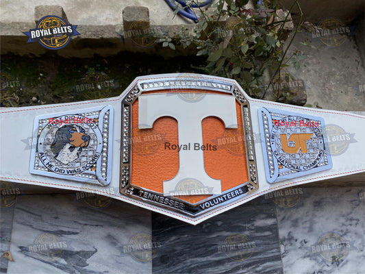 VOLS University of Tennessee Custom Title Belt with engraved metal plates and bold orange detailing Crafted by Royal Belts