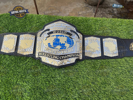WCWA World Heavyweight Championship Title Belt HD CNC dual center plate with black stitched leather strap and snap closure Crafted by Royal Belts