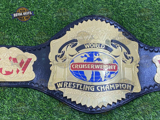 WCW Cruiserweight belt with gold plated center plate, black stitched leather strap, engraved details Made by Royal Belts