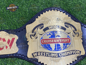 Cruiserweight championship belt featuring raised center plate, polished brass, premium black leather backing Made by Royal Belts