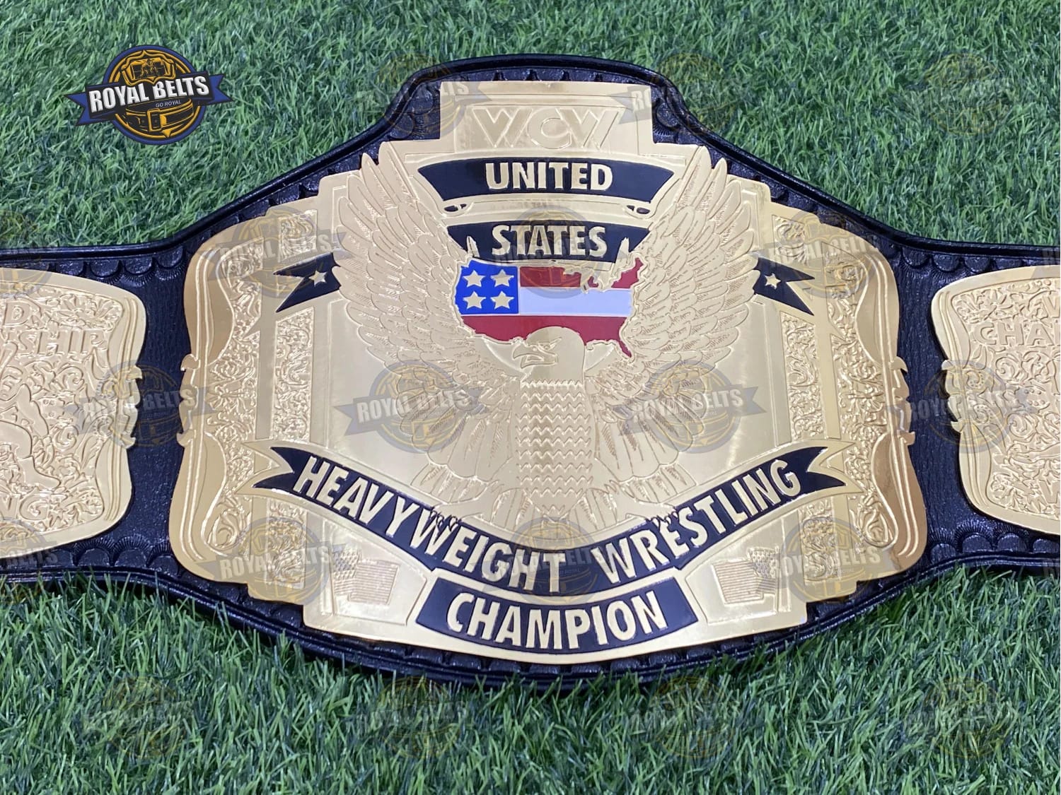 WCW US 3 Plated wrestling belt with gold center plate, black leather strap, snap closure Manufacture by Royal Belts
