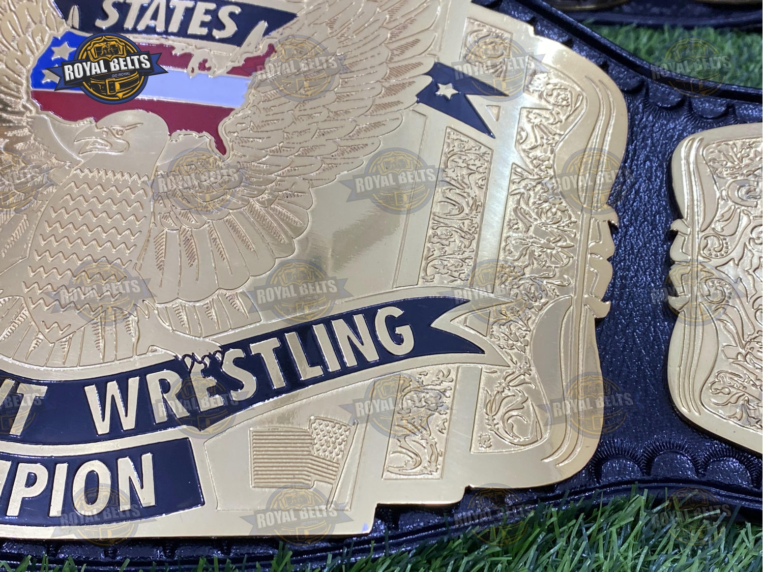 WCW US 3 Plated wrestling belt featuring multi layered gold center plate, CNC engraving, smooth leather