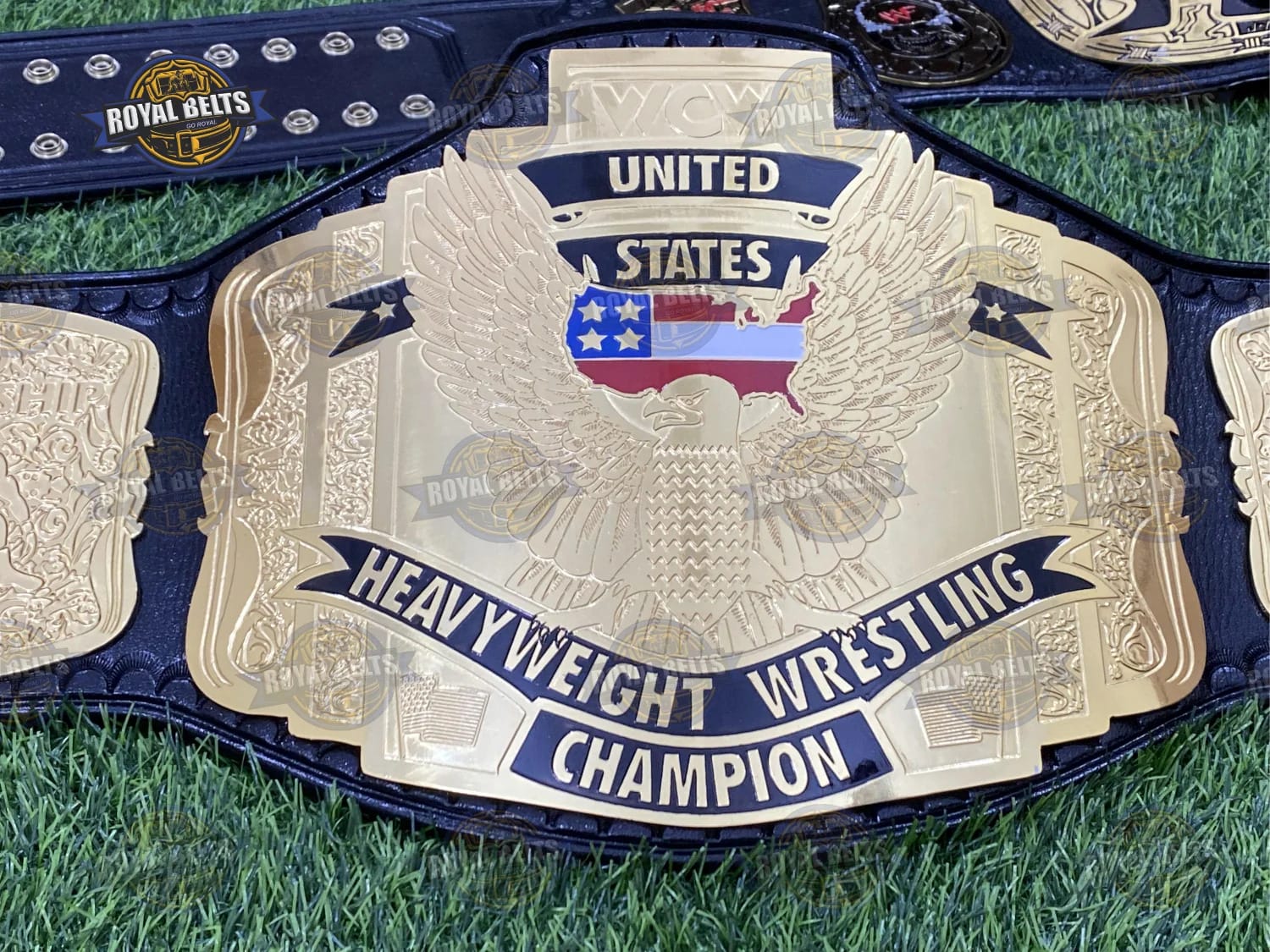 WCW US 3 Plated championship belt featuring engraved side plates, polished zinc finish, genuine leather Manufacture by Royal Belts
