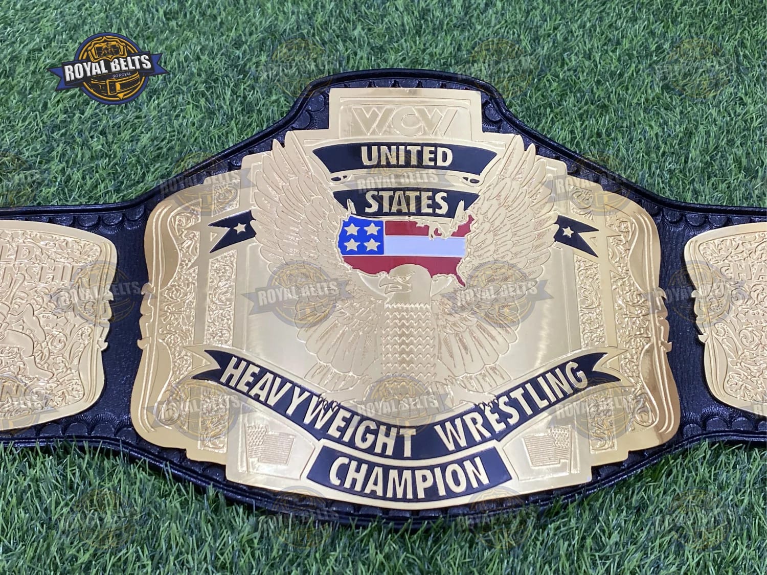 WCW US 3 Plated title belt showcasing oversized center plate, CNC etched gold alloy, adjustable leather 