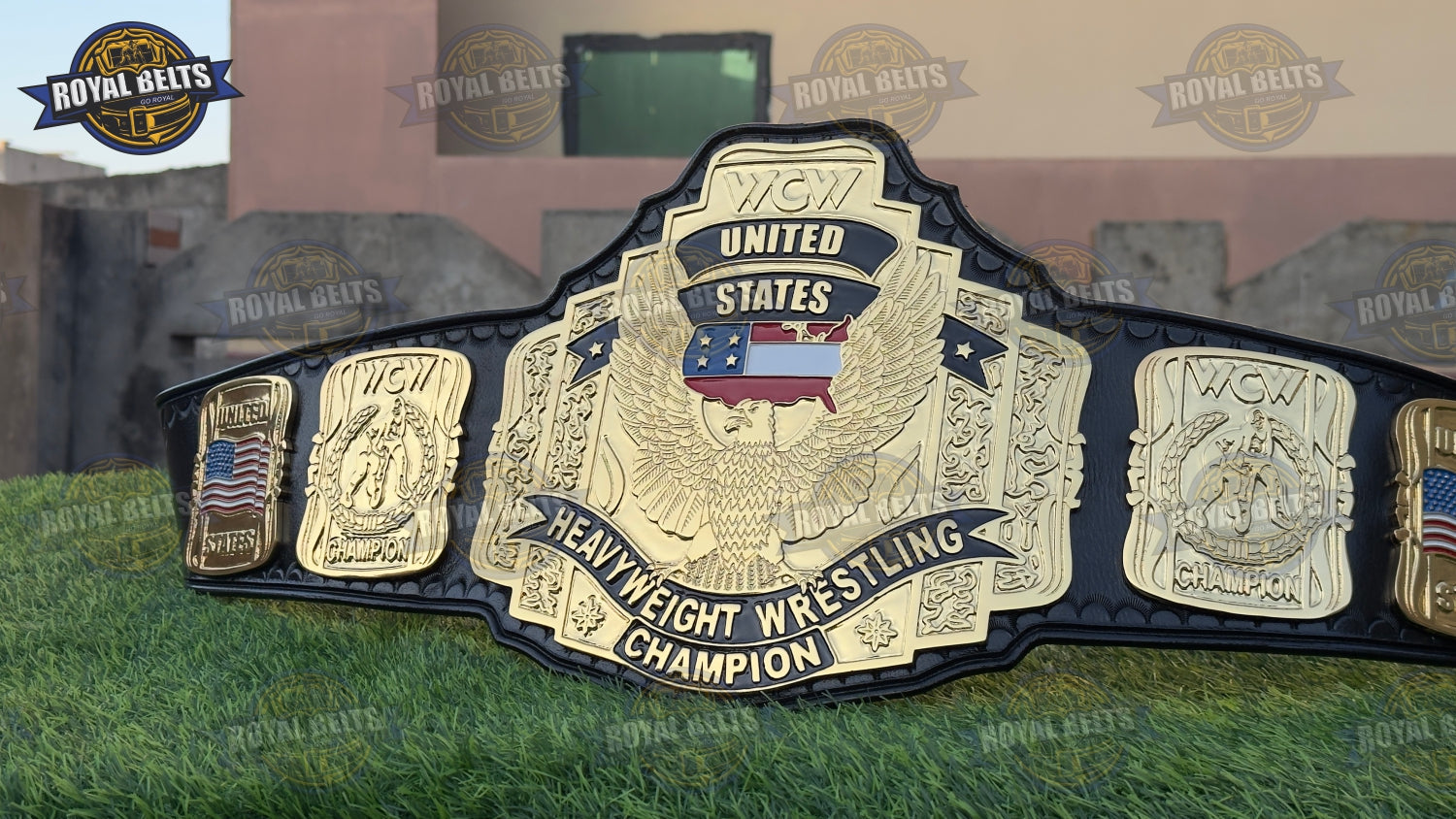 WCW United States belt with gold-plated center plate and black stitched leather strap, HD CNC engraved details Manufacture by Royal Belts