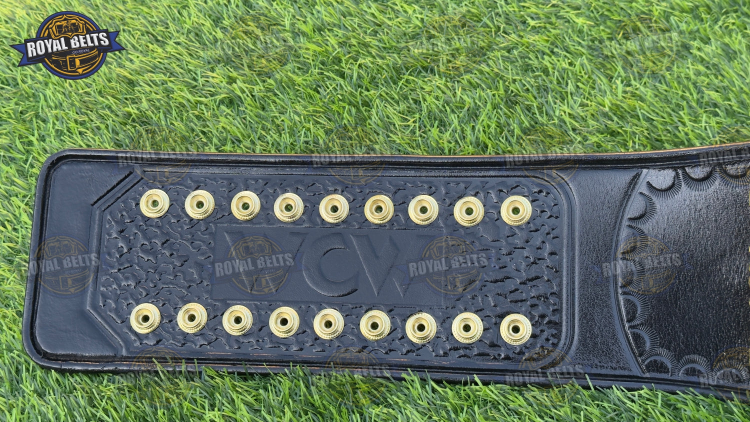 WCW US belt with engraved side plates, HD CNC detailing, durable stitched black leather strap