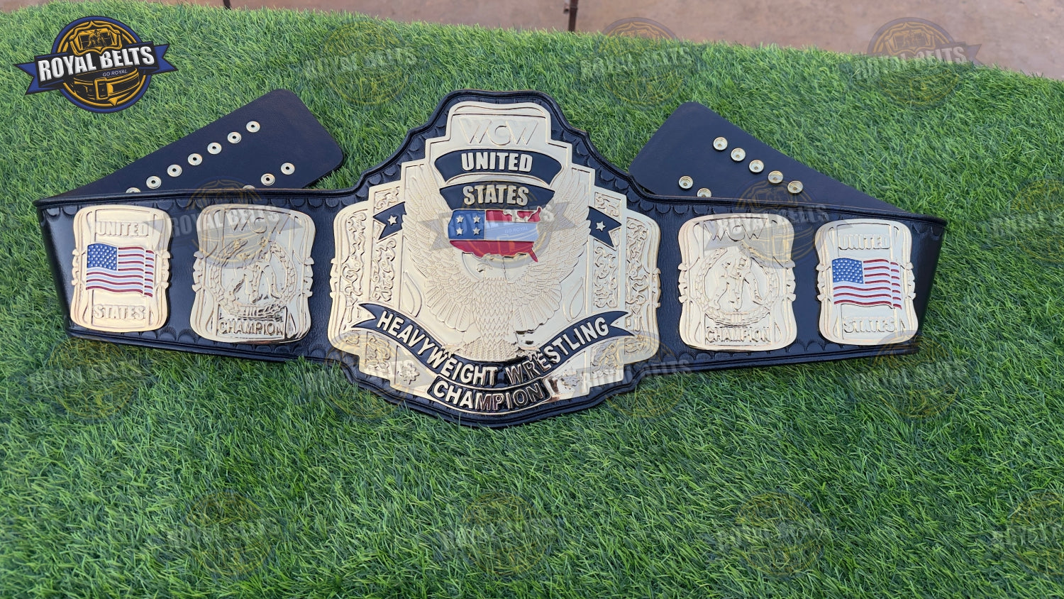 United States championship belt featuring raised CNC center emblem, polished zinc, premium black leather backing Manufacture by Royal Belts