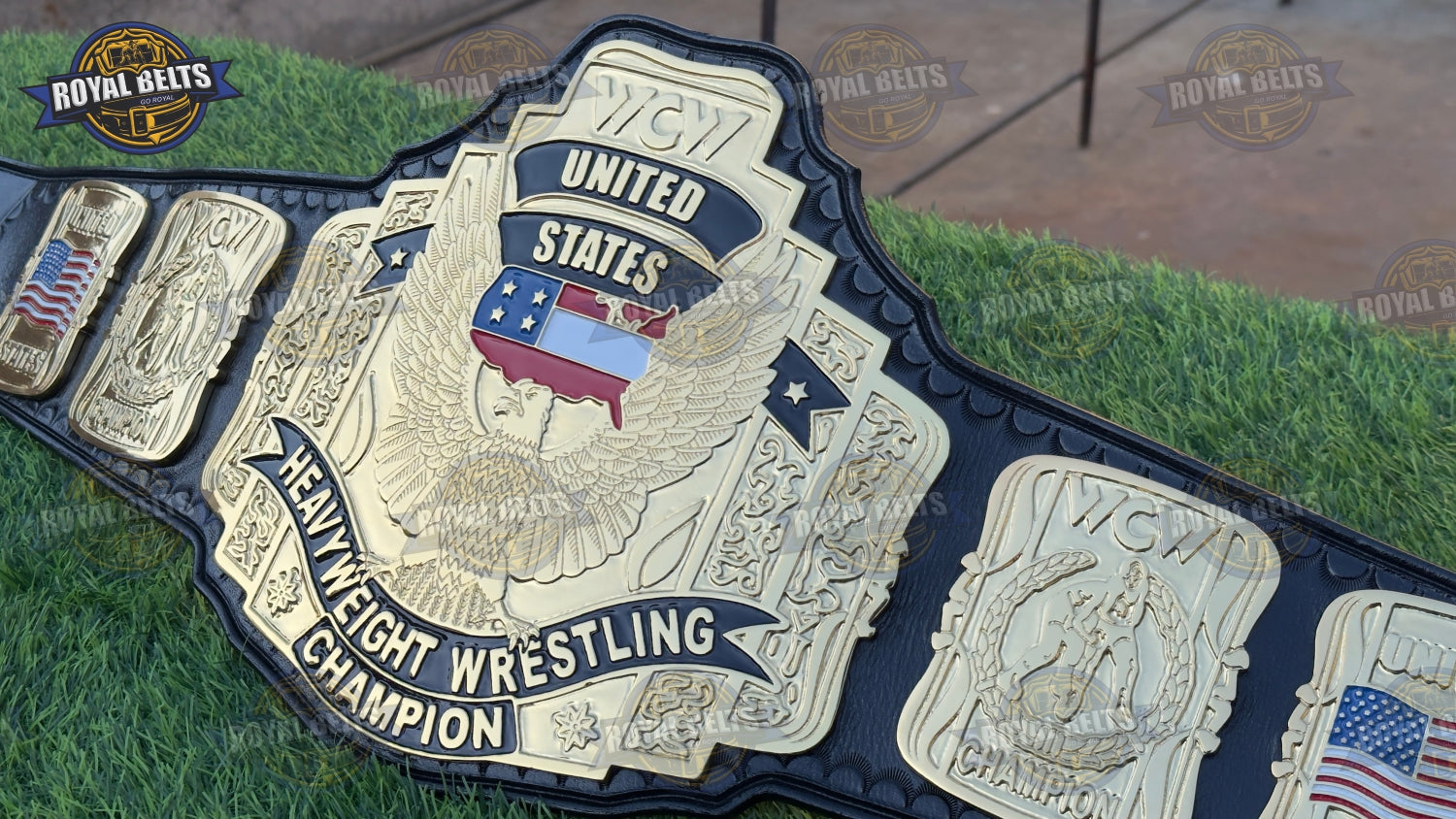 Custom WCW US belt with layered gold center plate, HD engraving, stitched adjustable black leather strap Manufacture by Royal Belts