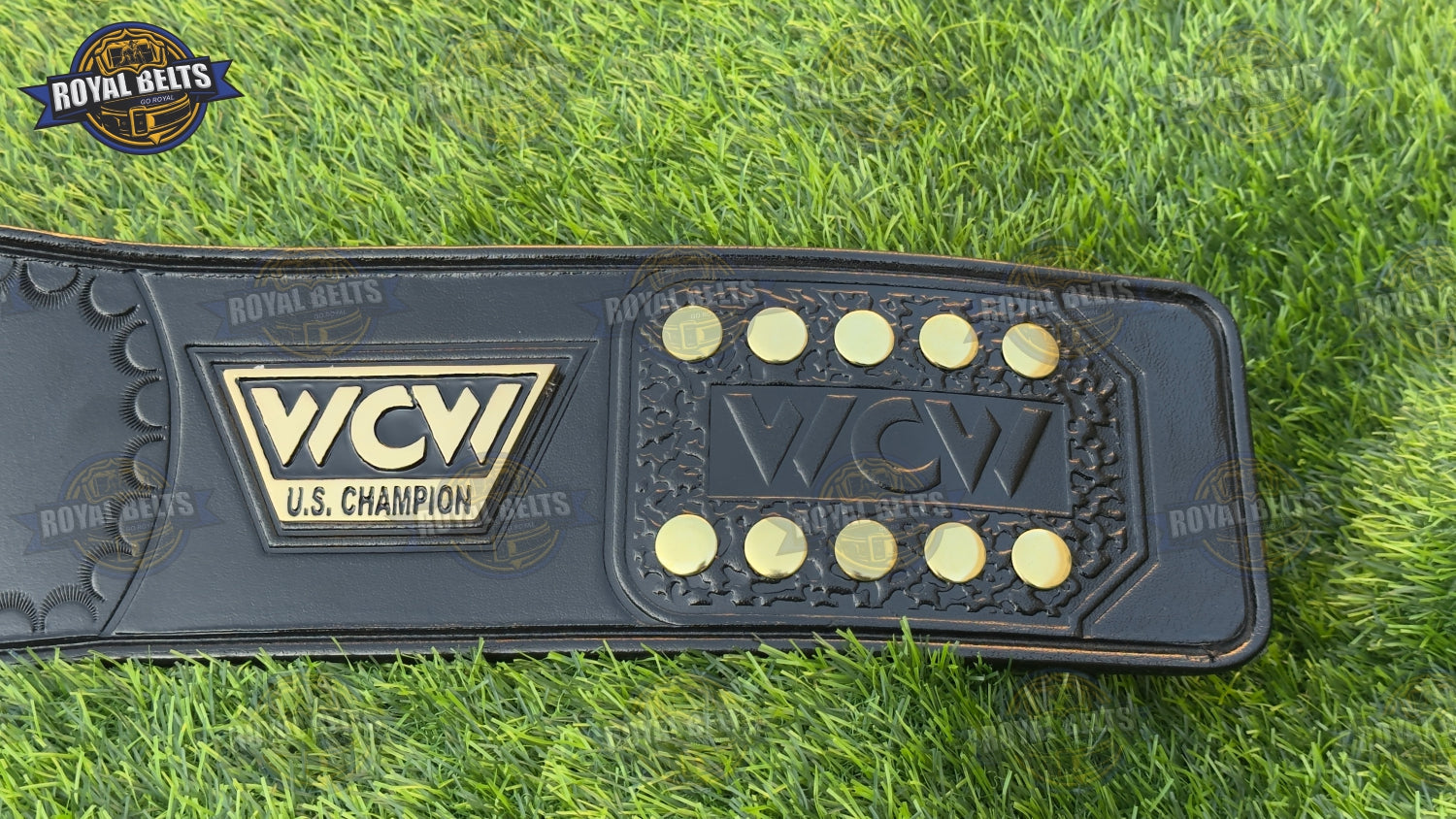 United States title belt with multi layer gold center plate, engraved logos, stitched black leather, polished brass