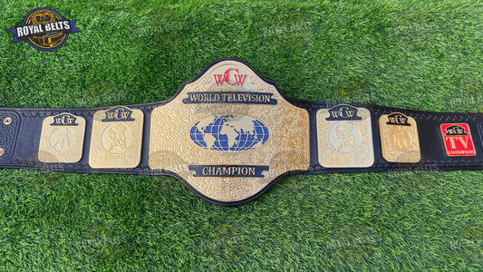 WCW World TV belt with gold plated center plate, black stitched leather strap, CNC engraved WCW logo Made by Royal Belts